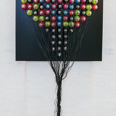 <em><strong>Filaments</strong></em>, 2015<br/> Mixed media on painted board, 100 x 240 cm