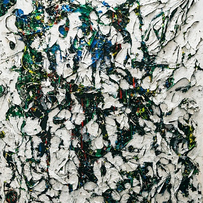 <em><strong>Dark Matter</strong></em>, 2017<br/> Oil and gloss paint skin cut - outs woven and mounted on board, 160 x 120 cm