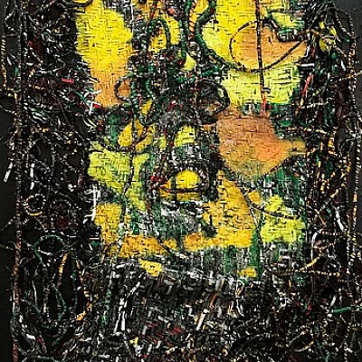 <em><strong>Liminal Incursion II</strong></em>, 2016<br/> Oil and gloss paint skin cut-outs woven on board, 180 X 120 cm