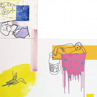 <em><strong>Plastic Smiles, 2017, Mixed media on canvas, 151 x 91 cm</strong></em>, 