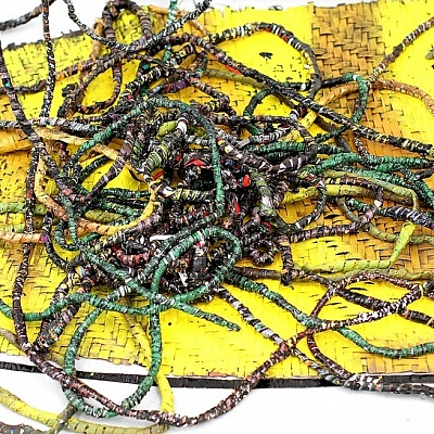 <em><strong>Liminal Incursion (details)</strong></em>, 2015<br/> Woven strips of oil and gloss paint skins hung on a tree branch and falling to the floor, 300 x 120 cm