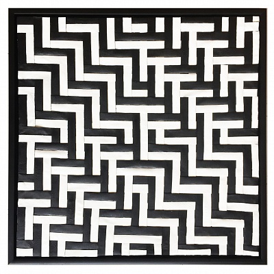 <em><strong>Yiabití (Tiger’s Eye)</strong></em>, Oil and gloss paint skin cut-outs woven and mounted on canvas<br/> 64 х 63, 5 cm