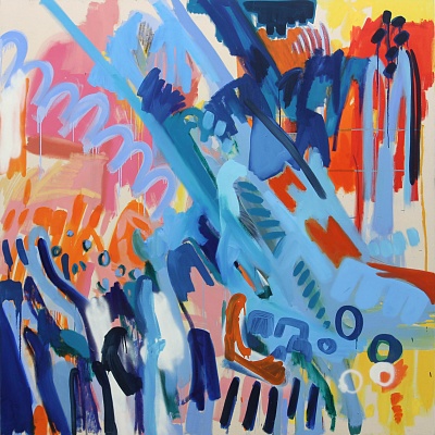 <em><strong>Squeeze Berry, 2017, Oil paint, oil stick and spray paint on canvas, 180 x 180 cm</strong></em>, 