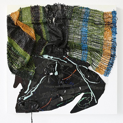 <em><strong>Weaving Time ( Penelope)</strong></em>, Acrylic paint skin woven and mounted on canvas<br/> 91 х 91 х 10 cm
