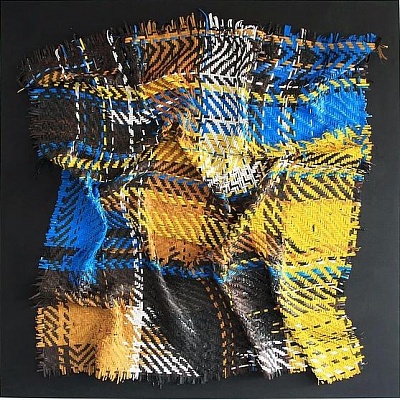 <em><strong>Kurripaco</strong></em>, 2016<br/> Oil and gloss paint skin cut-outs woven on board, 160 x 160 cm