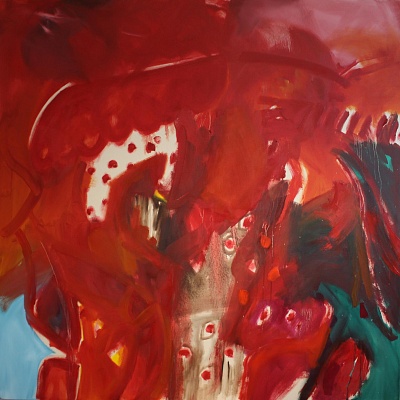 <em><strong>Lobster, 2018, Oil paint and spray paint on canvas, 150 x 150 cm</strong></em>, 