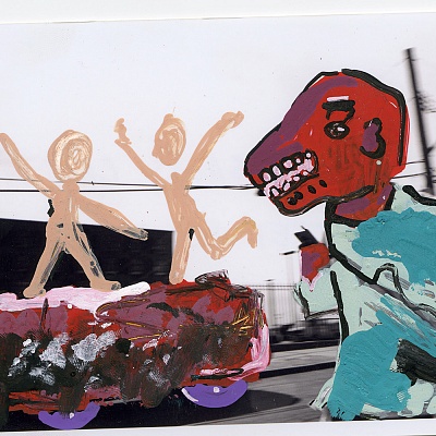 <em><strong>Even dinosaurs get distracted by their phones, 2015 10 x 15 cm  Acrylic on photography</strong></em>, 