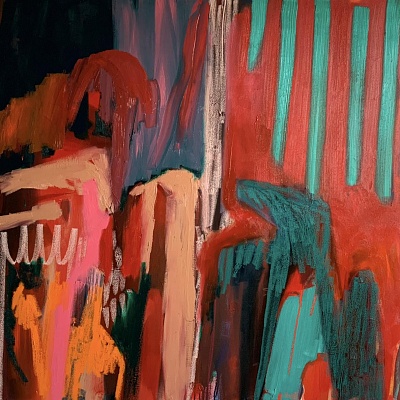 <em><strong>Gluttonous Dip, 2019, Oil paint and spray paint on canvas, 150 x 150 cm</strong></em>, 