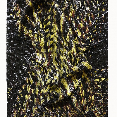 <em><strong>The Embrace</strong></em>, Oil and gloss paint skin cut-outs woven and mounted on board<br/> 70 х 90 х 15 cm