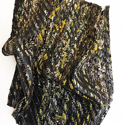 <em><strong>Weaving Illusions</strong></em>, Oil and gloss paint skin cut-outs woven and mounted on board<br/> 61 х 46 х 12 cm