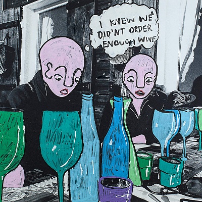 <em><strong>I knew we didn’t order enough wine, 2016 20 x 27 cm  Acrylic on photography</strong></em>, 