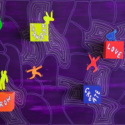 <em><strong>Leaps of Faith</strong></em>, 2017<br/> Acrylic, paint pen, foamex and wooden cubes on board, 48 x 61 cm