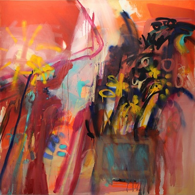 <em><strong>Flowerbed, 2018, Oil paint and spray paint on canvas, 150 x 150 cm</strong></em>, 